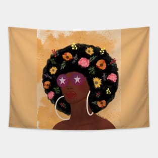 Girl with floral afro hair Tapestry