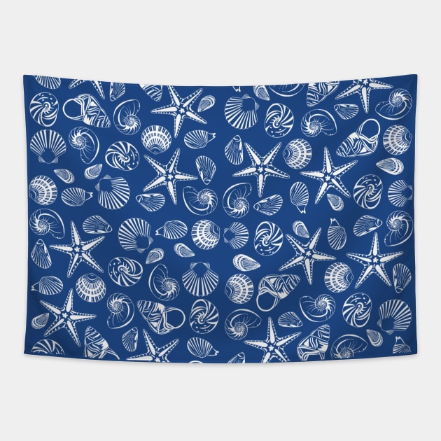 Navy blue seashell pattern Tapestry by Simplulina