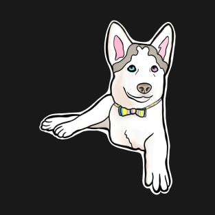 Adorable Three-Legged Tripod Husky Named Mochi with Rainbow Bow Tie T-Shirt