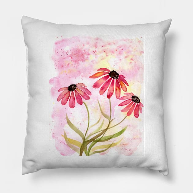 Coneflower Watercolor Illustration Pillow by Sandraartist