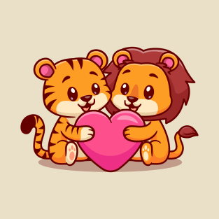 Cute Tiger And Lion Hug Love Heart Cartoon T-Shirt