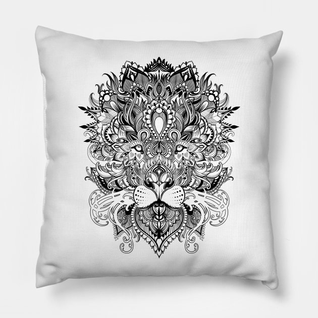 Black and white lion mandala pattern line art drawing Pillow by Saraknid