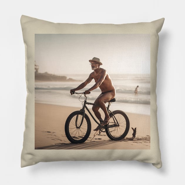 Elderly jolly man on bicycle riding on beach Pillow by KOTYA