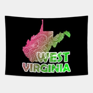 Colorful mandala art map of West Virginia with text in pink and green Tapestry