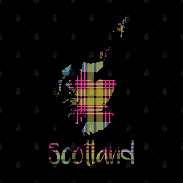 Scotland Pink, Blue and Yellow Tartan Map Typography Design by MacPean