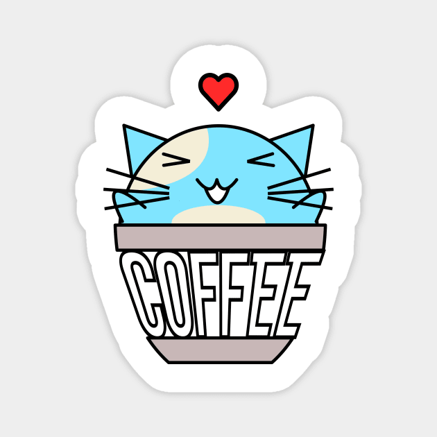 Happy cat in coffee cup with warped text heart on head blue Magnet by coffeewithkitty