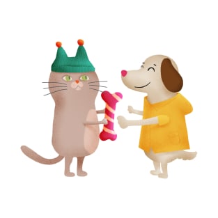 Illustration of a cat giving a bone to a dog as gift T-Shirt