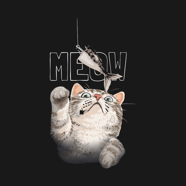 meow slogan with cute cat reaching for fish bait illustration by chenowethdiliff