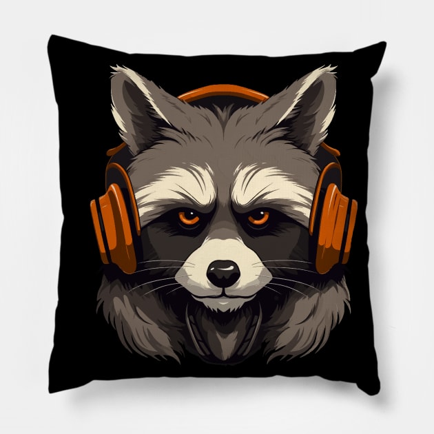 Racoon Wearing Headset Pillow by VelvetRoom