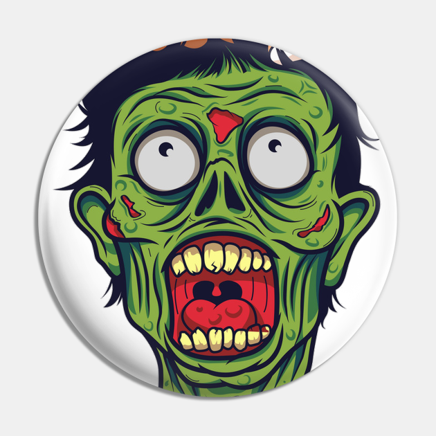 Zombie Head Scary Halloween Cartoon Art Zombie Pin Teepublic Cartoon illustration of halloween holiday themes like evil scientist or zombie or frankenstein. teepublic
