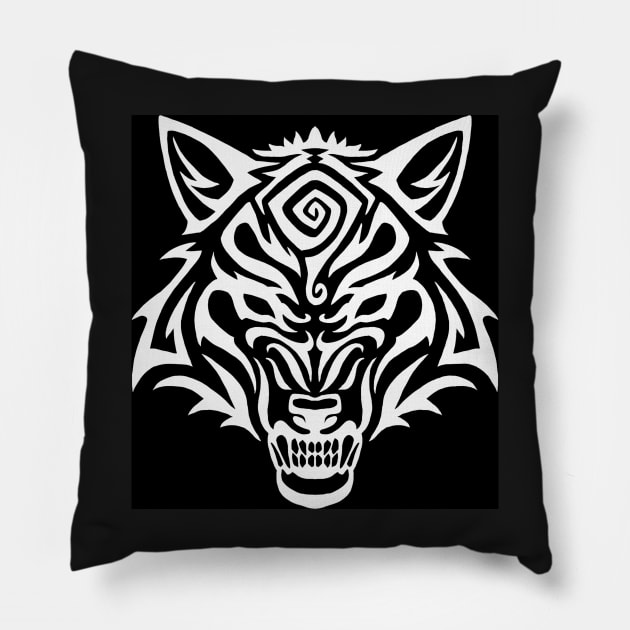 Tribal Wolf Snarl Spiral - White Pillow by Hareguizer