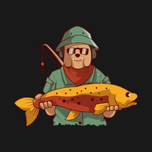 Fishing Dog got a huge fish, Vintage Retro Style T-Shirt