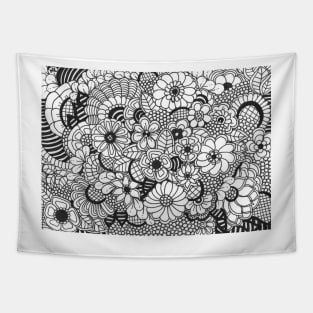 Garden doodle flower black and white Tapestry