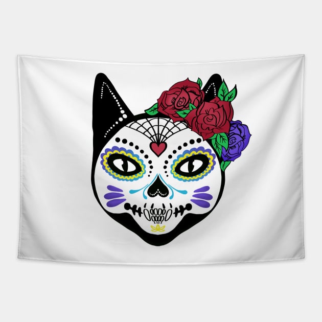 Day of the Dead Cat Sugar Skull Tapestry by SusanaDesigns