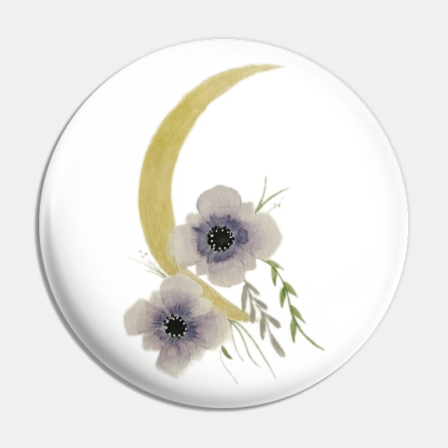 Golen Cresent Moon watercolor painting with violets Pin by JewelsNova