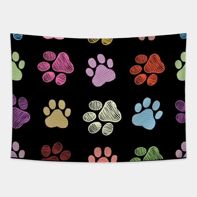 Colorful doodle new paw print seamless fabric design black background Tapestry by GULSENGUNEL