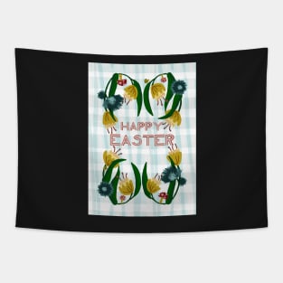 Happy Easter Floral Wreath with Daffodils, Mushrooms, and Ladybugs on Plaid | blue, yellow Tapestry