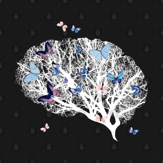 White brain and blue flowers, brain tree branches, Positivity, creativity, side brain by Collagedream