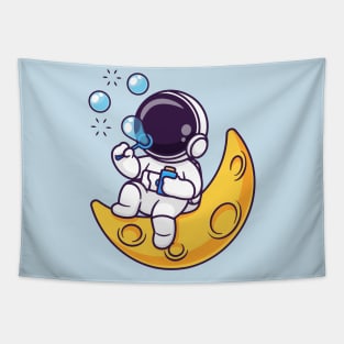 Cute Astronaut Blowing Bubble On Moon Cartoon Tapestry