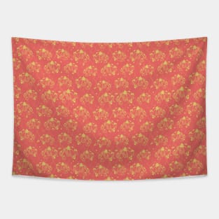 Doodle flowers yellow on a coral background Tapestry