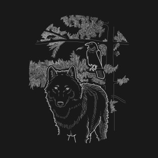 "Wolf and Raven Friends" Dark Lineart with Tree T-Shirt