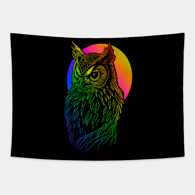 Rainbow colored owl with colorful full moon. Tapestry by DaveDanchuk