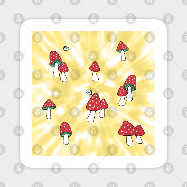 Aesthetic Red Hatted Mushrooms and Butterflies on a Yellow Pastel Tie Dye Background Magnet by YourGoods