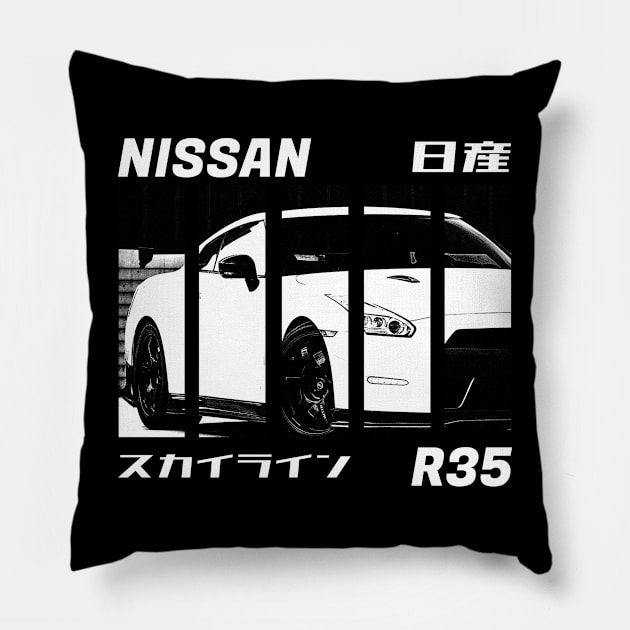 NISSAN GT-R R35 Black 'N White 3 (Black Version) Pillow by Cero