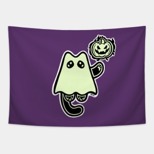 Little Ghost Cat with a Jack O' Lantern Tapestry