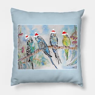 Christmas Budgies Budgerigars Sitting on A Branch Watercolor Painting Pillow