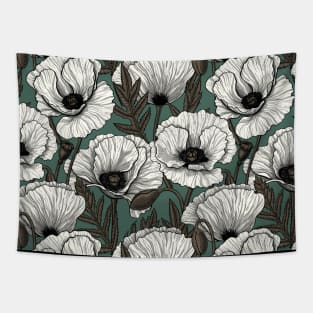 Poppy garden in white, brown and pine green Tapestry