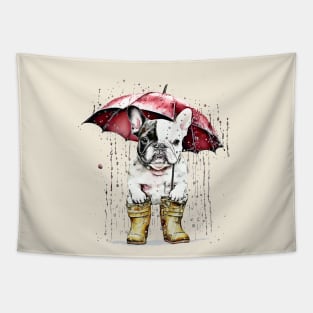 Cute french bulldog under the rain with red umbrella, vintage style, frenchie mon, frenchie dad, frenchie on vintage sun Tapestry