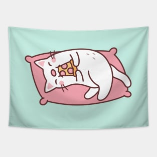 Cute White Cat Eating Pizza On Pillow Tapestry