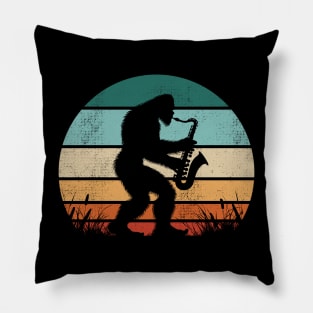 Vintage Bigfoot Playing the Saxophone Retro Sunset Music Lover Pillow
