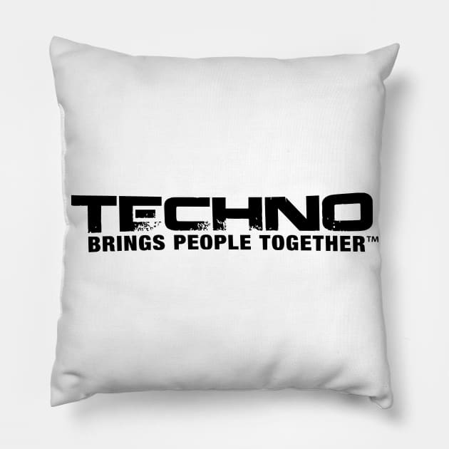 Techno Brings People Together - typo (black) Pillow by OFFICIAL SCAN7 MERCHANDISE 