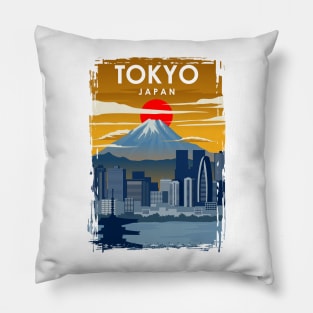 Japan Tokyo Mount Fuji Cityscape Vintage Minimal Travel Poster Pillow