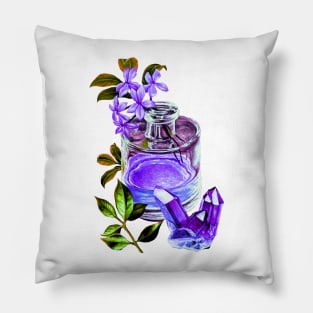 Flowers in a glass bottle and quartz - Artwork Pillow