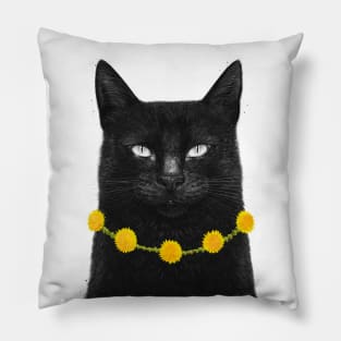 Black cat with dandelions Pillow