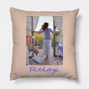 Woman looking out of window at meadow zen yoga buddhism Pillow