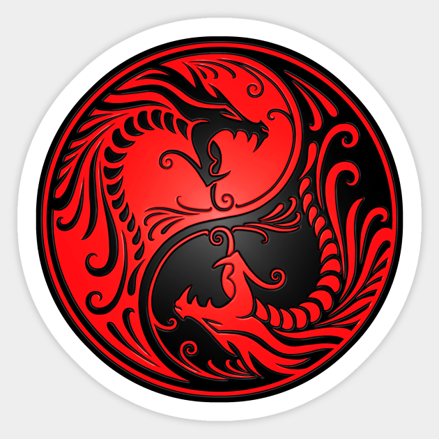 Red and Black Yin Yang Dragons - Dragon - Sticker