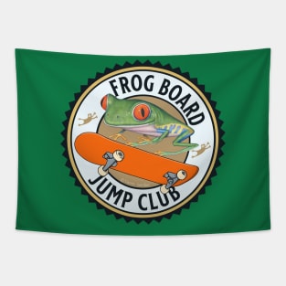 Cute and funny frog riding a skateboard for this red eyed tree frog is in the jump club tee Tapestry