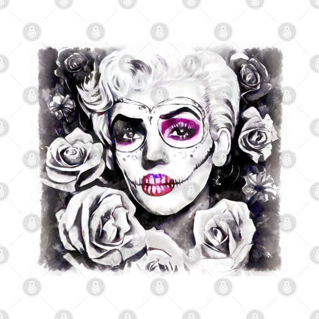 Retro sugar skull blonde with roses black and white by AnnArtshock