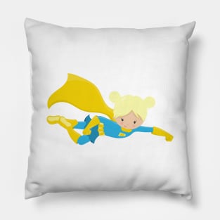 Superhero Girl, Blonde Hair, Hero, Yellow Cape Pillow