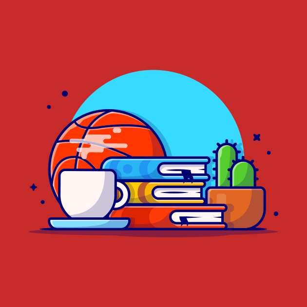 Reading with Basket Ball, Coffee, Cactus, and Books Cartoon Vector Icon Illustration by Catalyst Labs