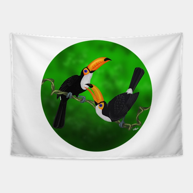 TWO TOUCANS Tapestry by Cozmic Cat