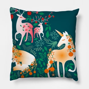 Once Upon a Time- Mystical Woodland with Apple Deers and Orange Unicorns Pillow