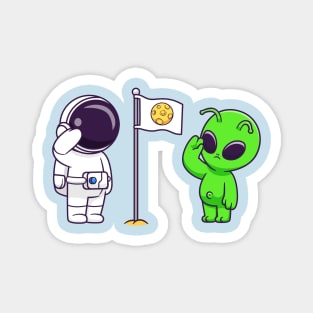 Cute Astronaut and Cute Alien Respect Moon Flag Cartoon Magnet