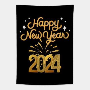 Happy New Year 2024 Gold Letters, Fireworks Design Tapestry