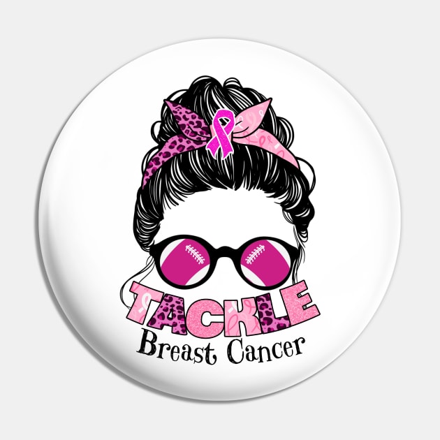 Football Pink Ribbon Breast Cancer Awareness Messy Bun Women Pin by Gendon Design