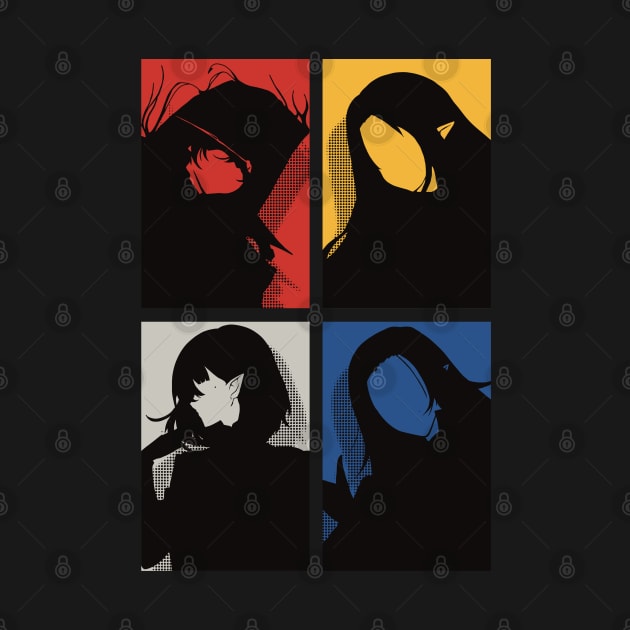 All The Main Characters In The Eminence In Shadow Anime In A Cool Black Minimalist Silhouette Pop Art Design With Their Names Symbol In Colorful Background by Animangapoi